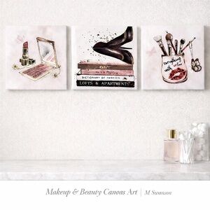Canvas Wall Art Beautiful 8”×8” Contemporary Beauty Pink & Gold Glam 3-Piece Set